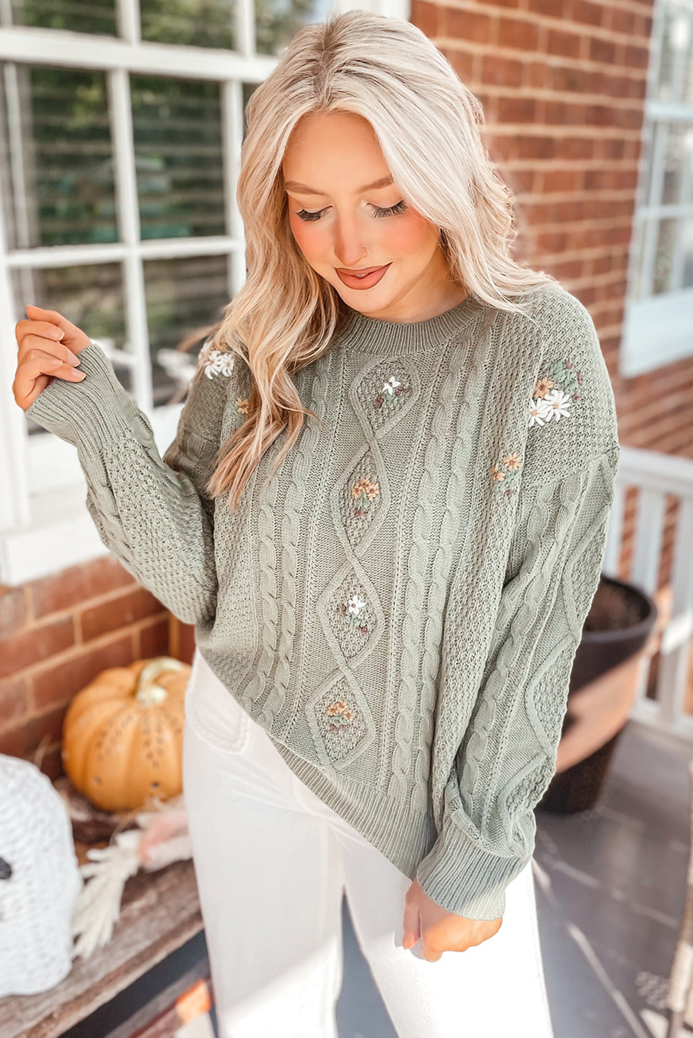 Laurel Green Embroidered Flower Detail Cable Knit Drop Shoulder Sweater