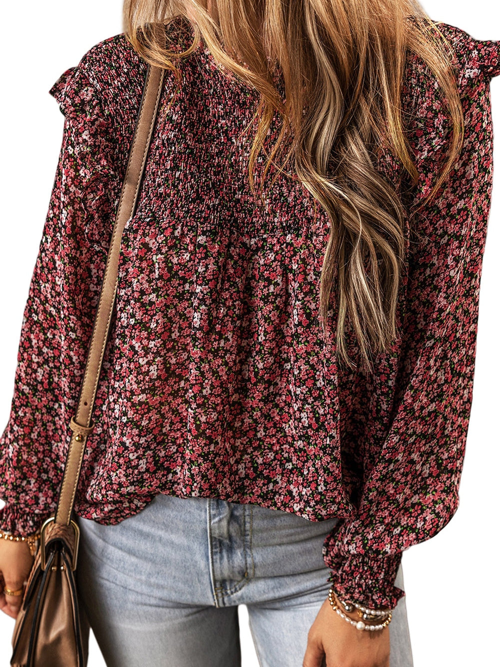 Fiery Red Floral Smocked Ruffle Long Sleeve Blouse for Women