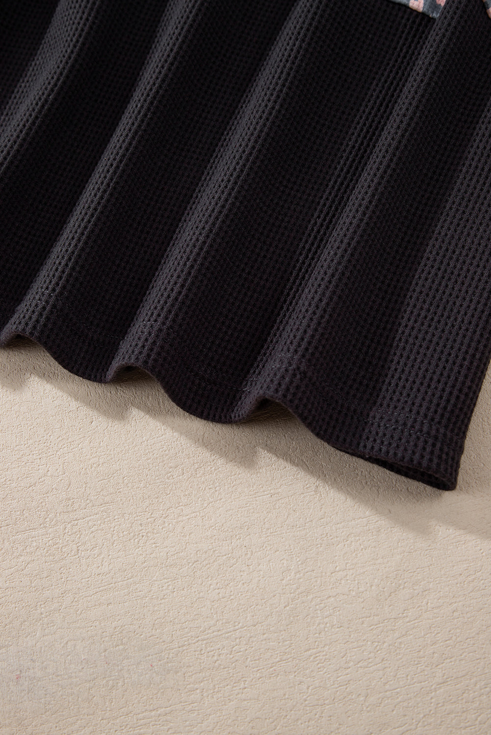 Pink Cheetah Textured Patchwork Buttoned Round Neck T Shirt