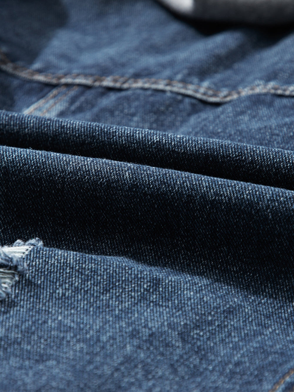 Layered Dark Blue Hooded Zip-Up Denim Jacket with Distressed Detail