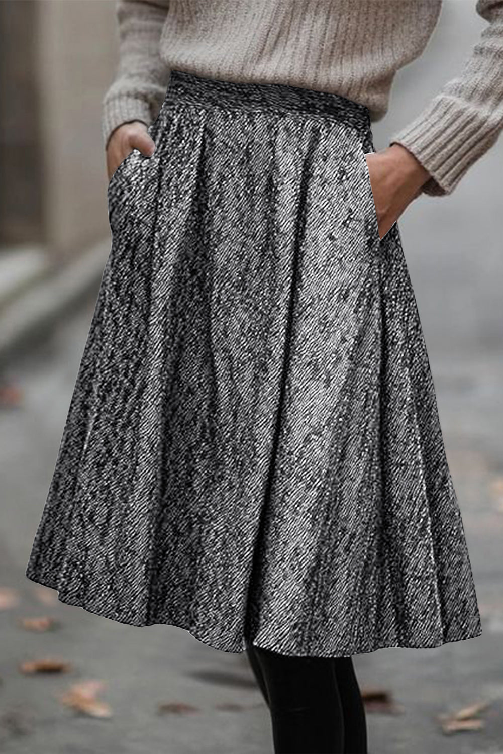 White Solid Color Textured Pleated Midi Skirt