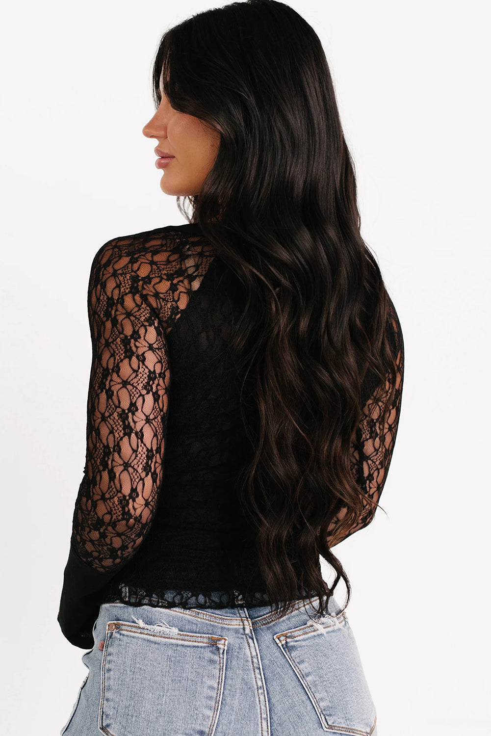Black Sheer Lace Long Sleeve Slim Henley Top