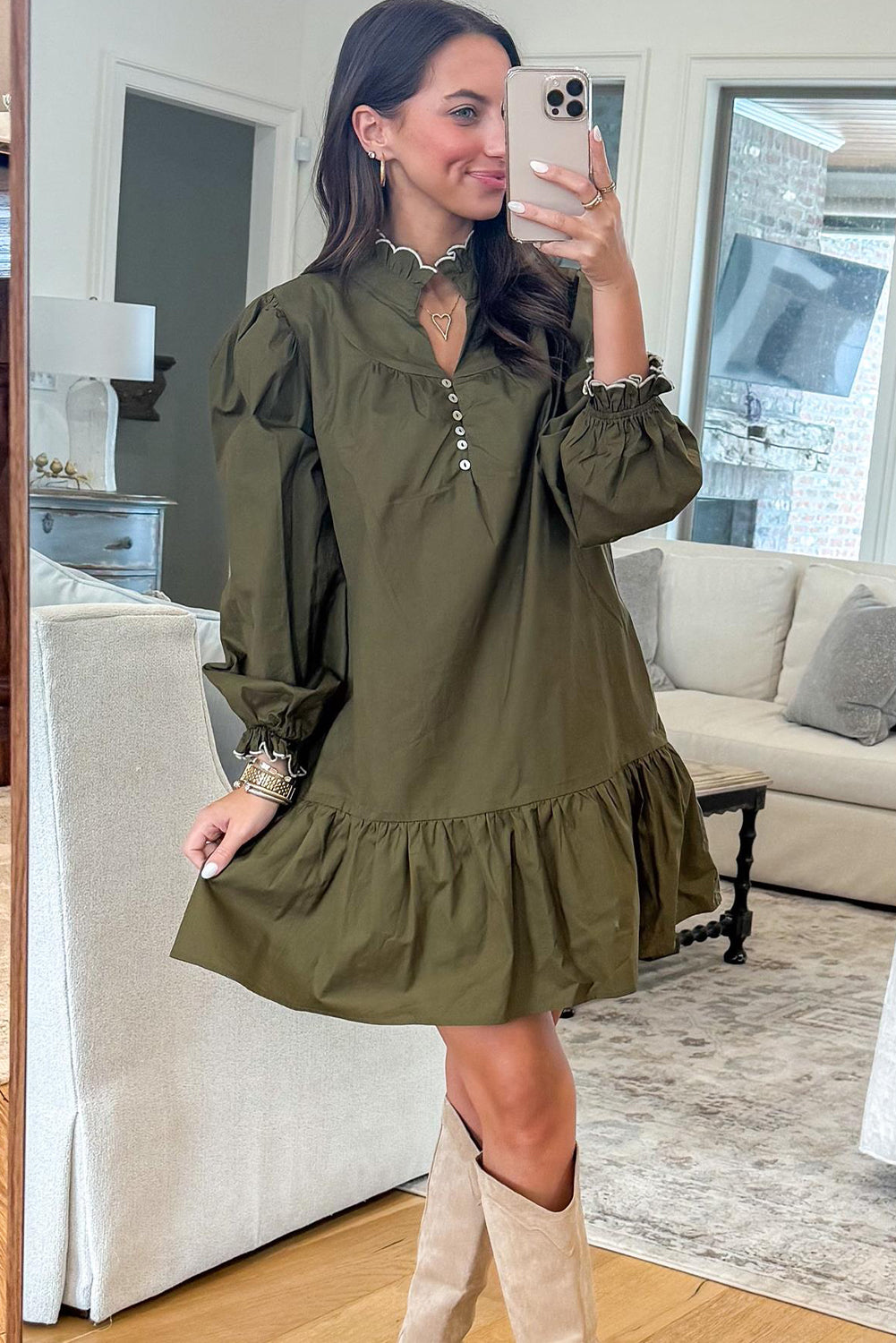 Jungle Green Ruffled Collar Buttoned Placket Shift Mini Dress
