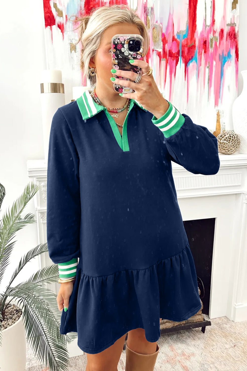 Navy Blue Contrast Striped Cuffs Polo Collar Patchwork Long Sleeve Ruffle Hem Mini Dress