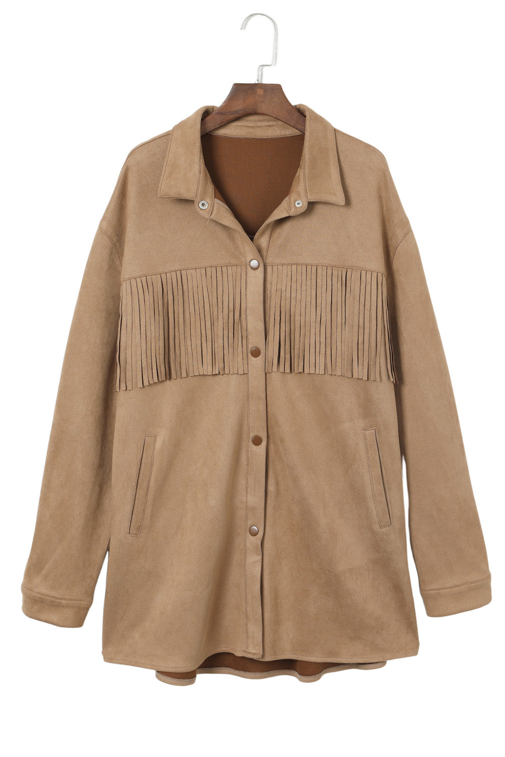 Khaki Suede Shacket with Fringe Detail for Plus Size Women