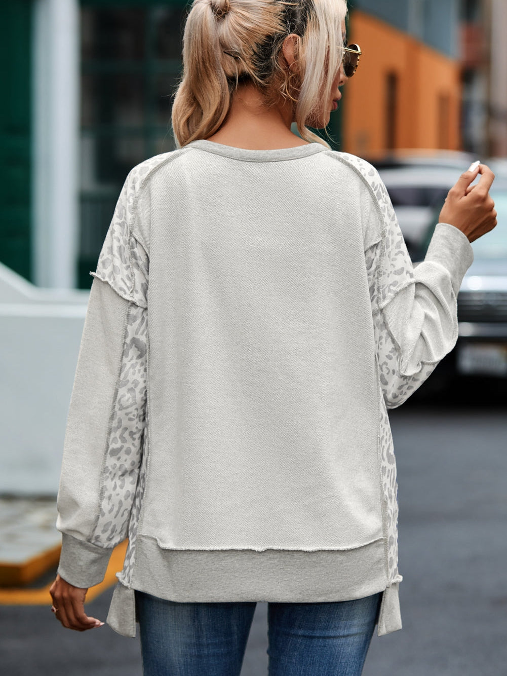 Leopard Patchwork Gray Buttoned Neck Pullover Sweatshirt