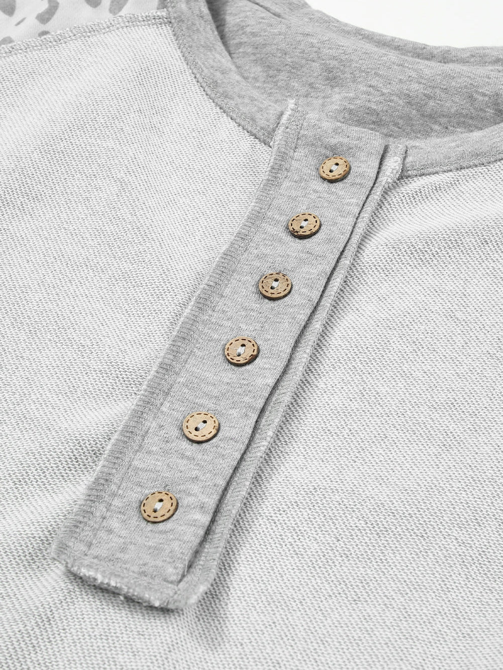 Leopard Patchwork Gray Buttoned Neck Pullover Sweatshirt