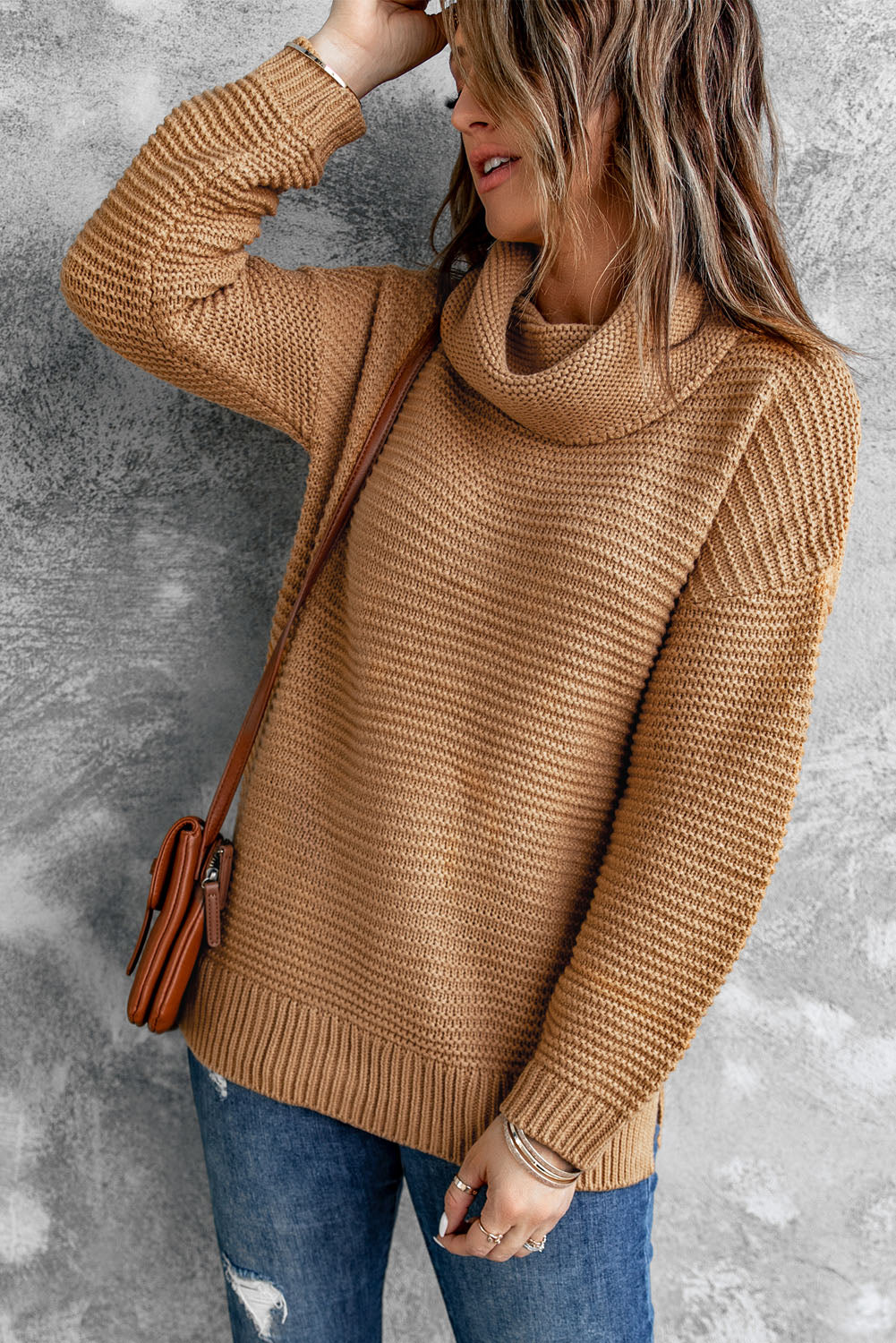Khaki Warm and Cozy Turtleneck Sweater with Long Sleeves