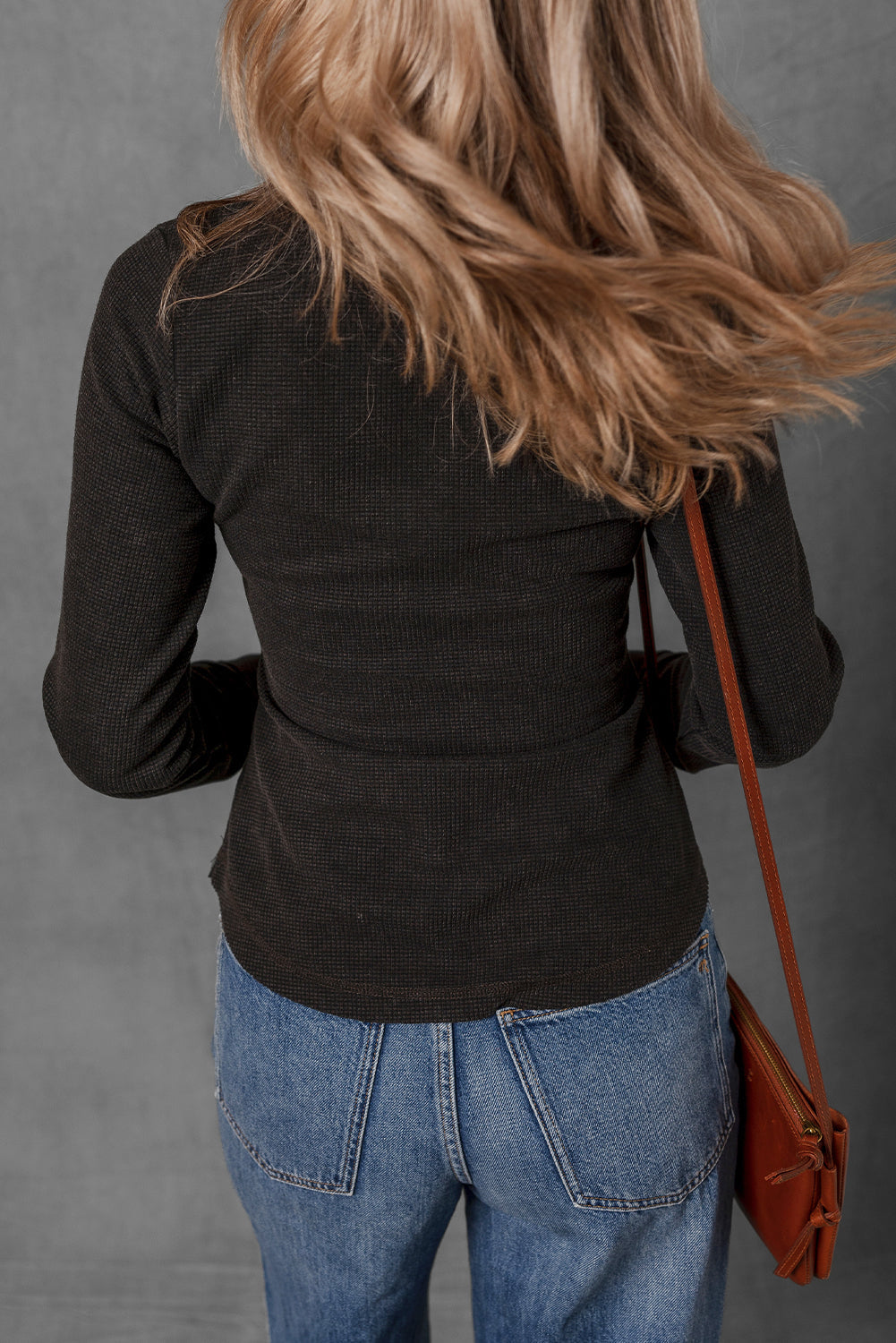 Black Mineral Wash Waffle Knit Single Chest Pocket Long Sleeve Henley Top