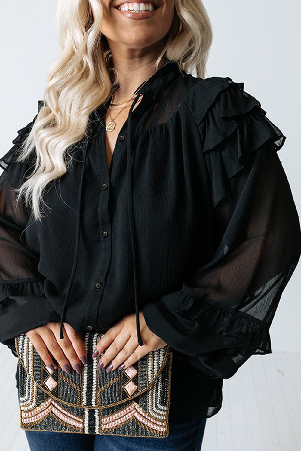 Black Ruffle Balloon Sleeve Chiffon Elegant Plus Size Shirt