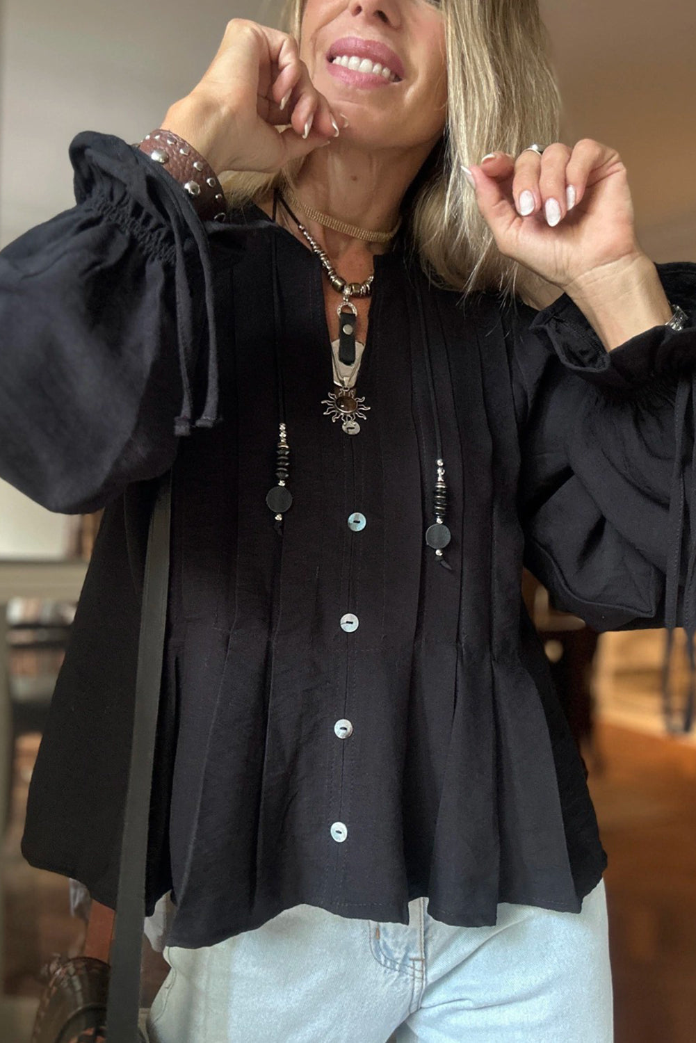 Black Pintuck Buttoned Front Decor Ruffled Sleeve Loose Blouse