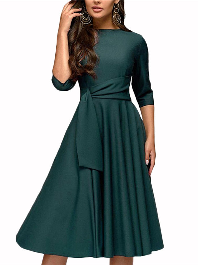 Women's Dress - Wedding Guest Dress Swing Dress A Line Dress Midi Dress Navy Blue Green Beige Half Sleeve Pure Color Lace up Summer Spring Crew Neck Work Party Vacation 2023 S M L XL XXL