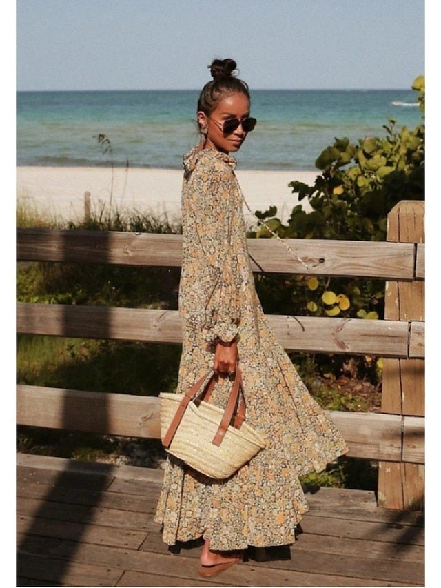 Women's Dress - Casual Dress Swing Dress Long Dress Maxi Dress Boho Dress Khaki Long Sleeve Floral Print Spring Summer Dress V Neck Dress Loose Fit S M L XL XXL 3XL