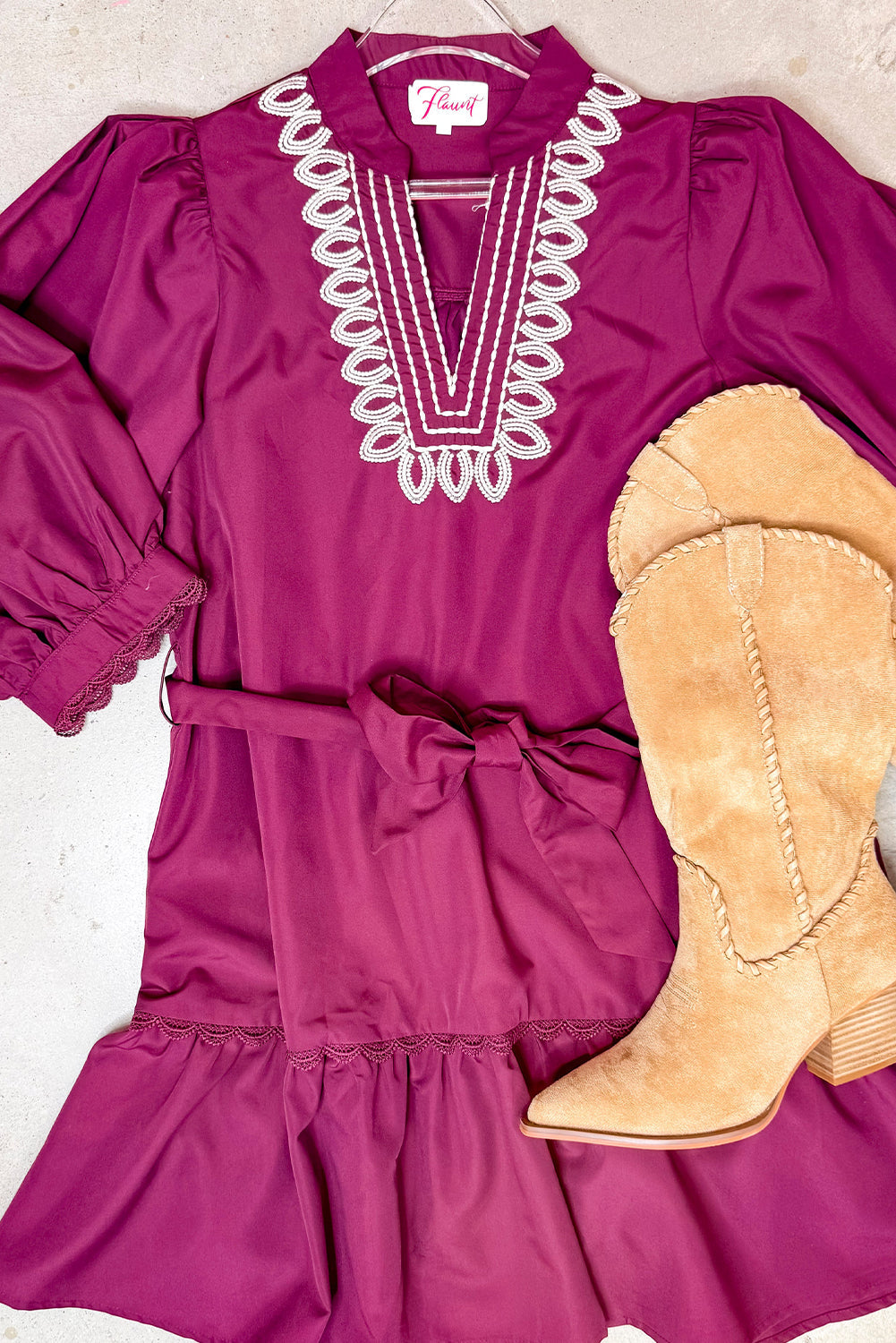 Violet Plus Contrast Detail V Neck Lace Trim 3/4 Sleeve Belted Mini Dress