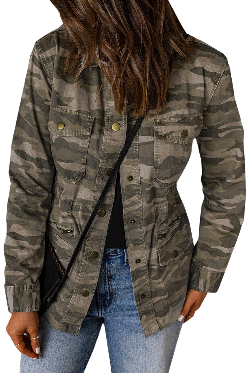 Green Camouflage Print Utility Jacket with Button Closure and Multiple Pockets