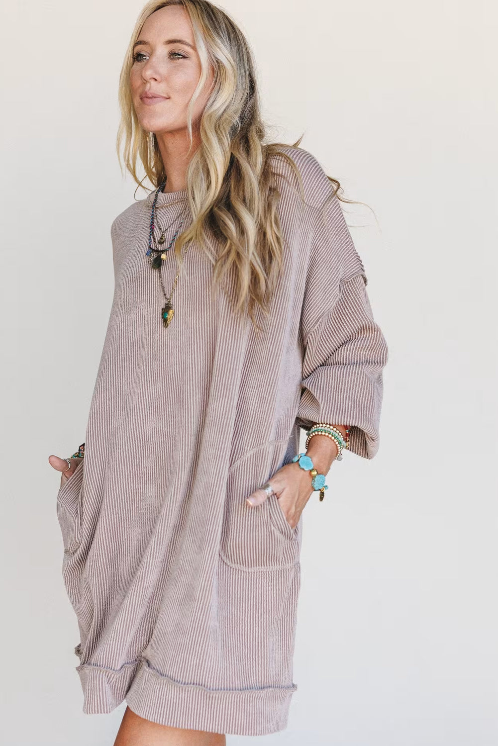 Smoke Gray Twisted Ribbed Exposed Seam Drop Shoulder Patch Pocket Loose Mini Dress