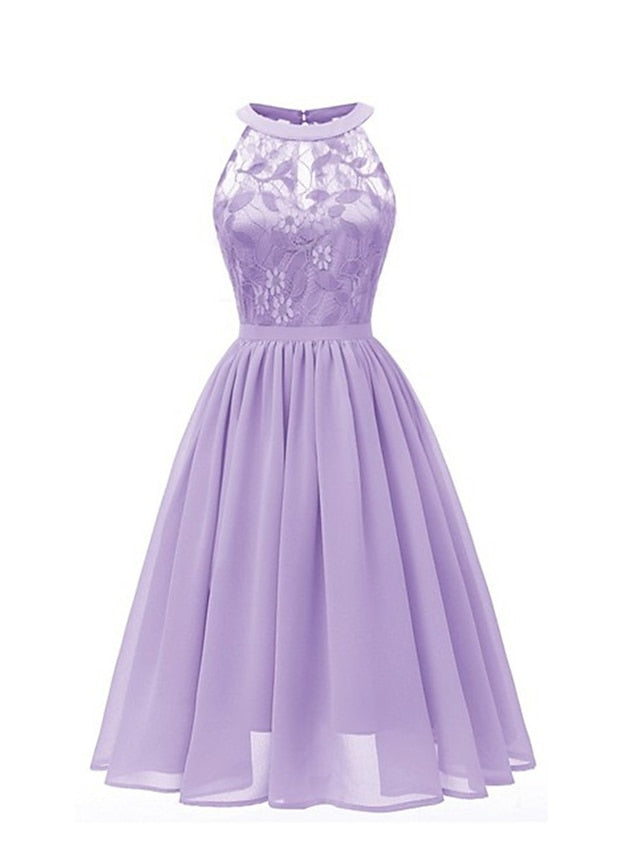 Women's Dress - Party Dress Wedding Guest Lace Dress A Line Dress Midi Dress Pink Wine Navy Blue Sleeveless Pure Color Lace Summer Spring Halter Party Slim 2023 S M L XL XXL