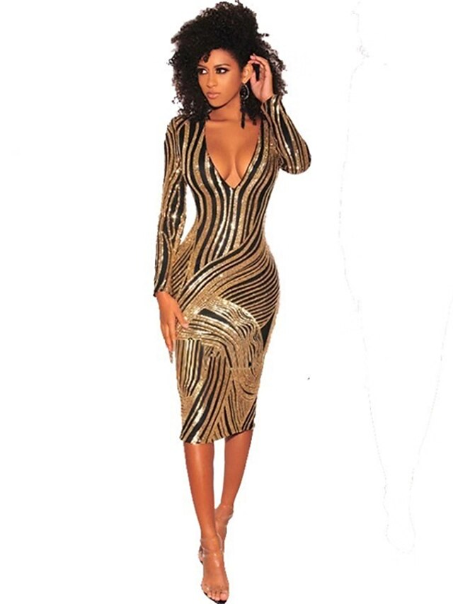 Women's Dress - Party Dress Sequin Dress Sheath Dress Knee Length Dress Gold Long Sleeve Striped Sequins Winter Fall Spring Deep V Sexy Party Winter Dress Wedding Guest 2023 S M L XL