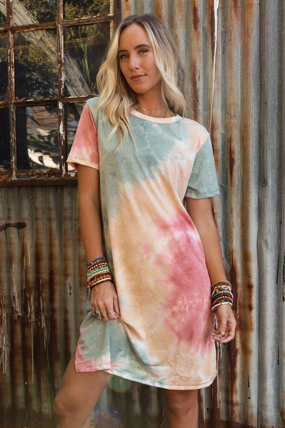 Loose Printed Short Sleeve Zippered V-neck Dress