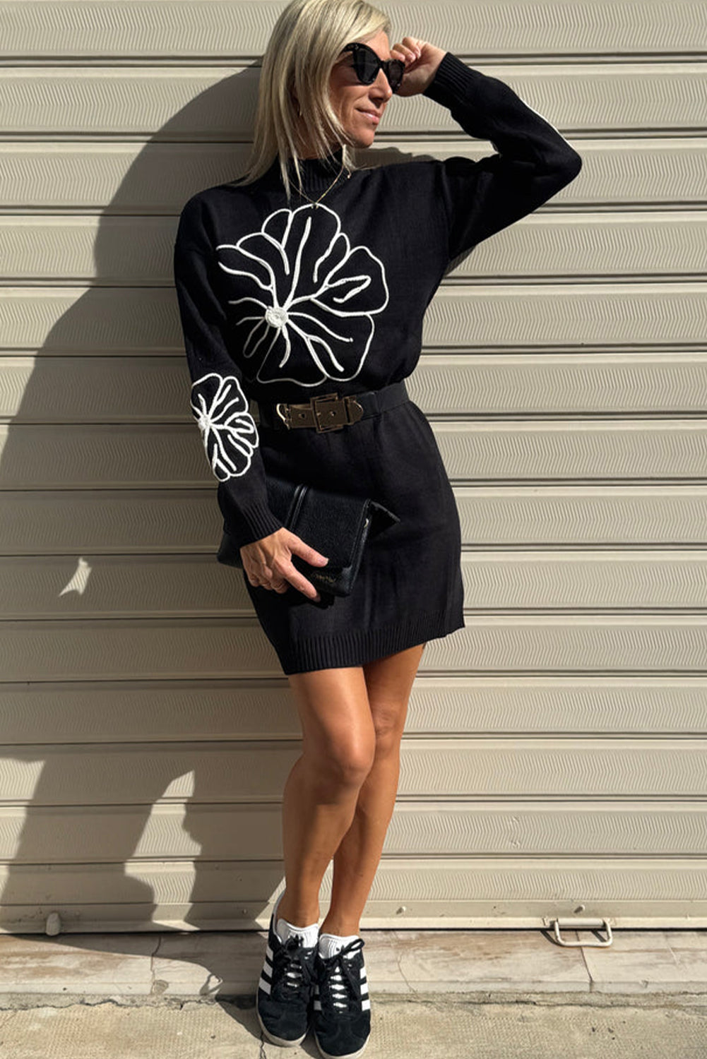 Black Floral Embroidered Mock Neck Mini Sweater Dress