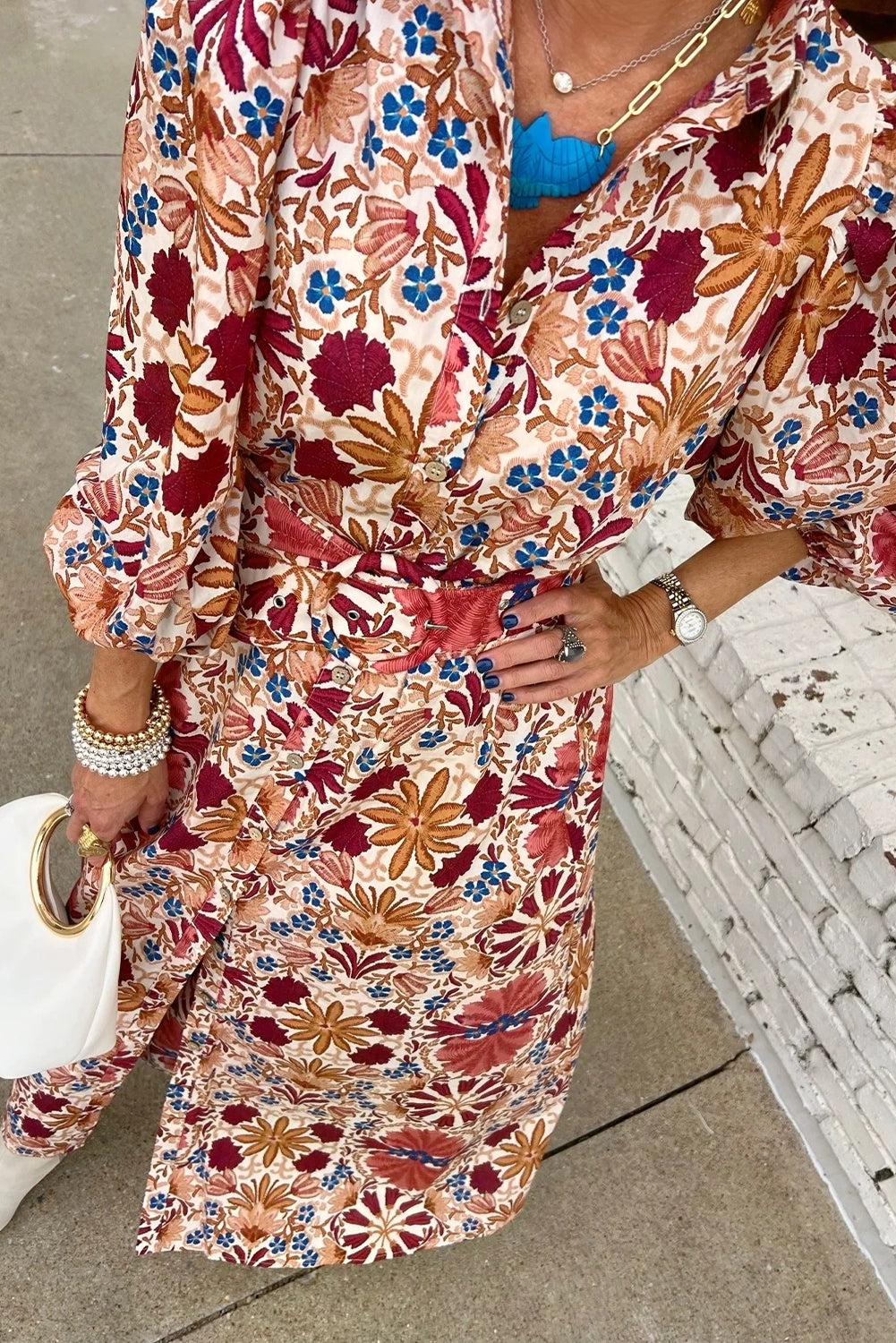 Red Floral Print Shirt Collar Button Down Puffy Bracelet Sleeve Long Dress