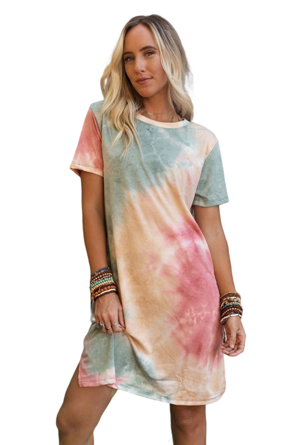 Loose Printed Short Sleeve Zippered V-neck Dress