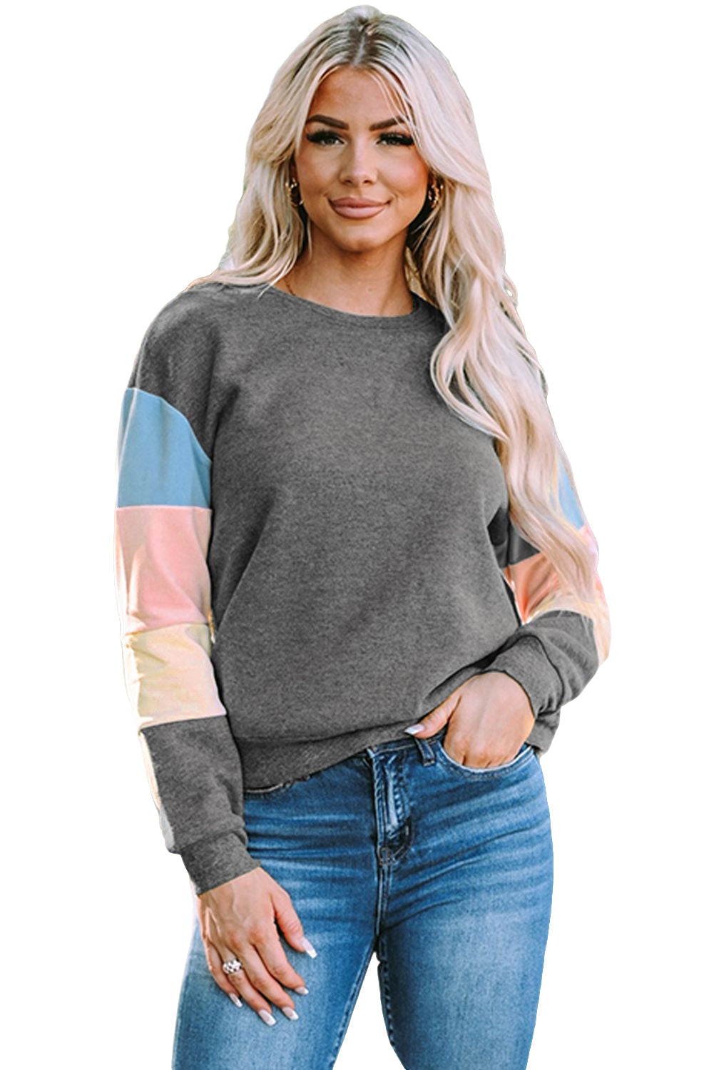 Gray Colorblock Pullover Sweater with Long Sleeves