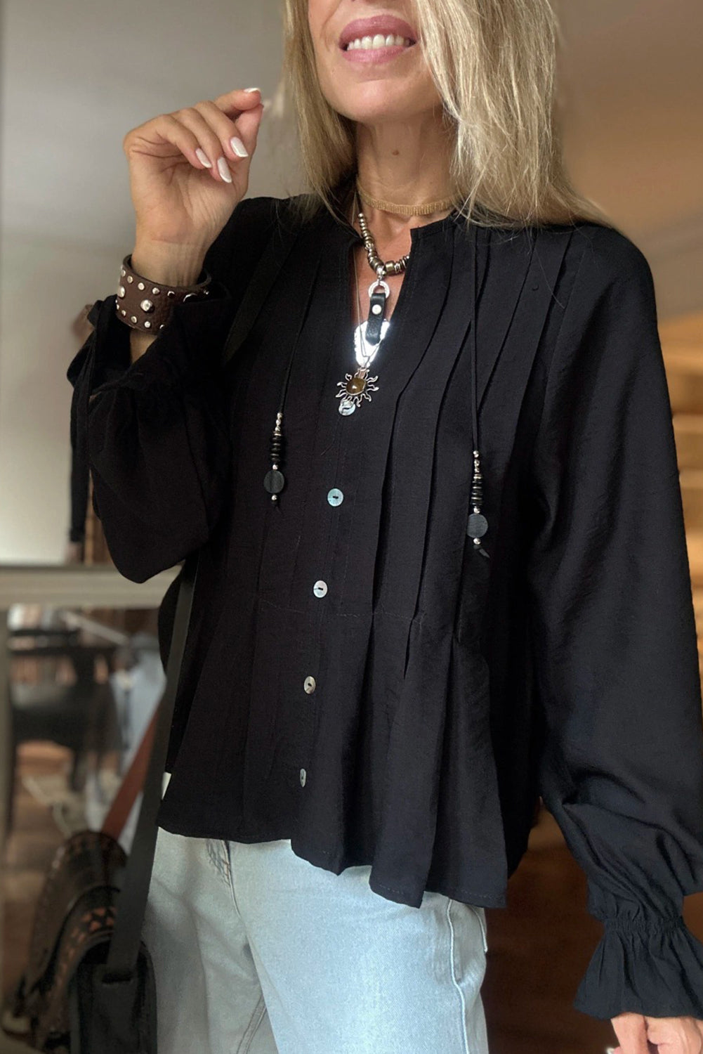 Black Pintuck Buttoned Front Decor Ruffled Sleeve Loose Blouse