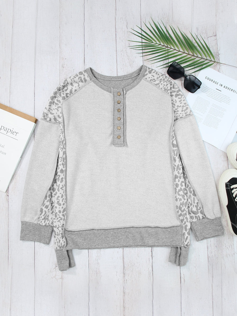 Leopard Patchwork Gray Buttoned Neck Pullover Sweatshirt