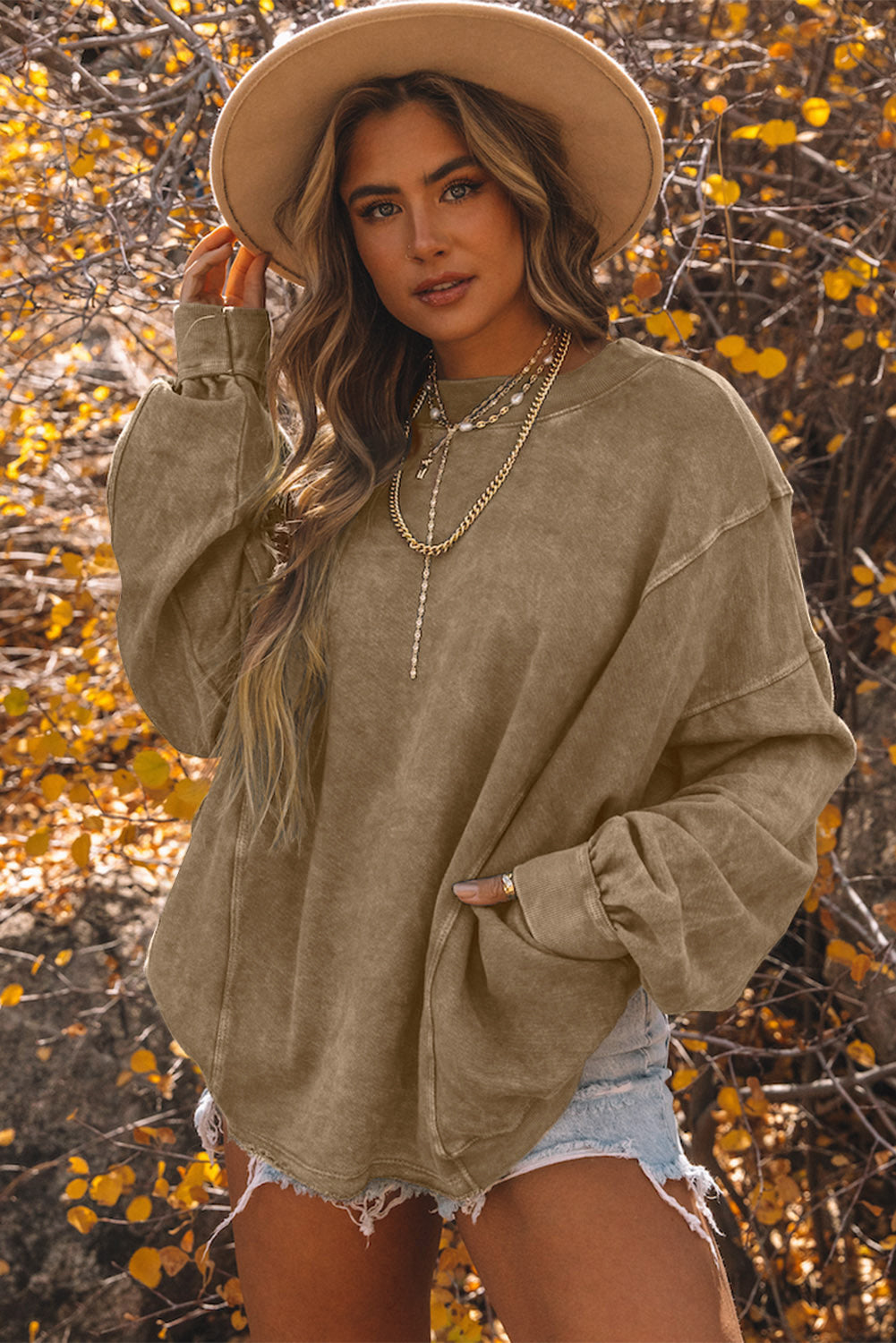 Khaki Twist Back Exposed Seam Oversized Pullover Sweatshirt
