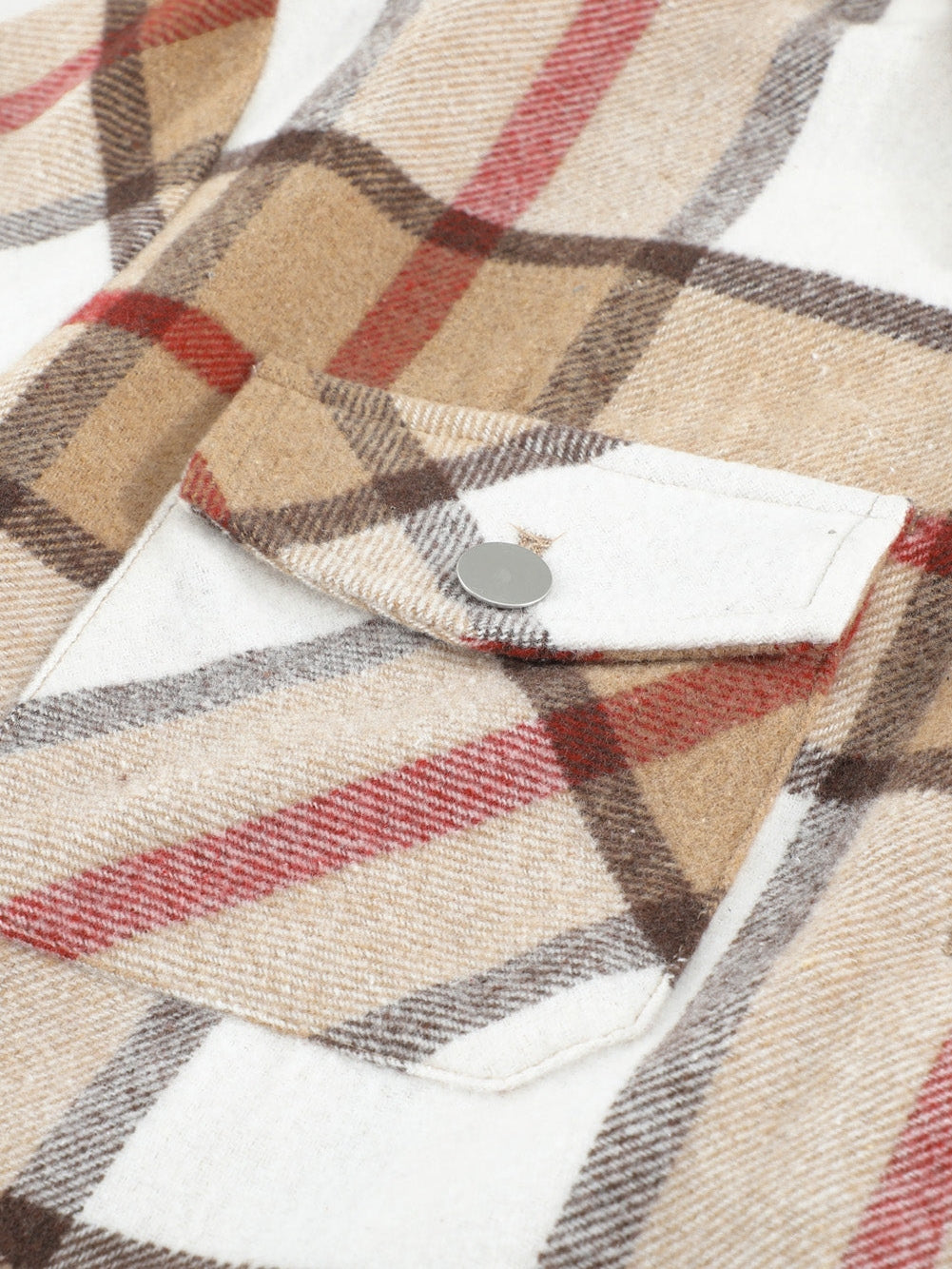 Khaki Plaid Print Sheath Button-Up Coat with Pockets