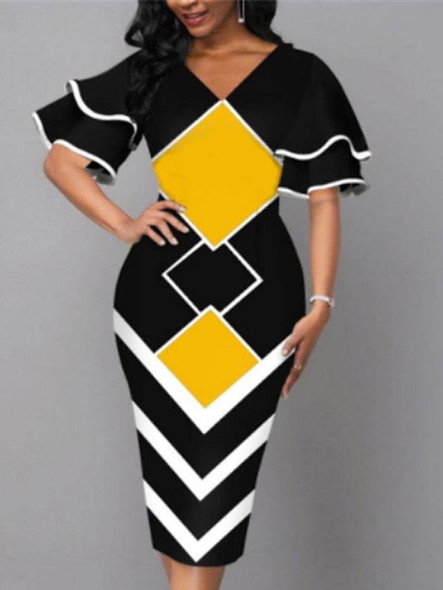 Women's Dress - Bodycon Sheath Dress Modern Dress Midi Dress Yellow Wine Royal Blue Half Sleeve Print Ruffle Summer Spring V Neck Stylish 2023 S M L XL XXL 3XL 4XL 5XL