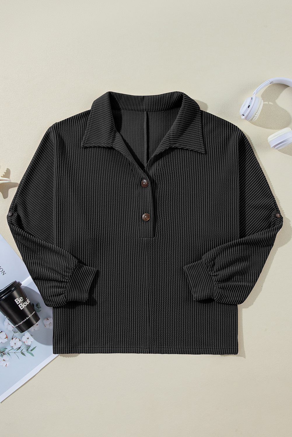 Black Oversized Twist Ribbed Collared Henley Top with Roll up Sleeve