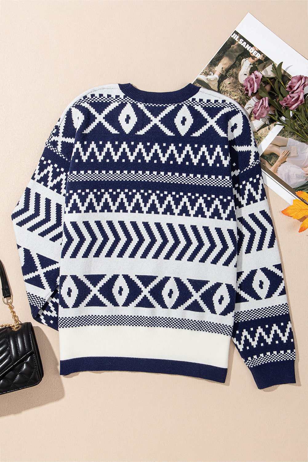 Navy Blue Abstract Print Pullover Sweater