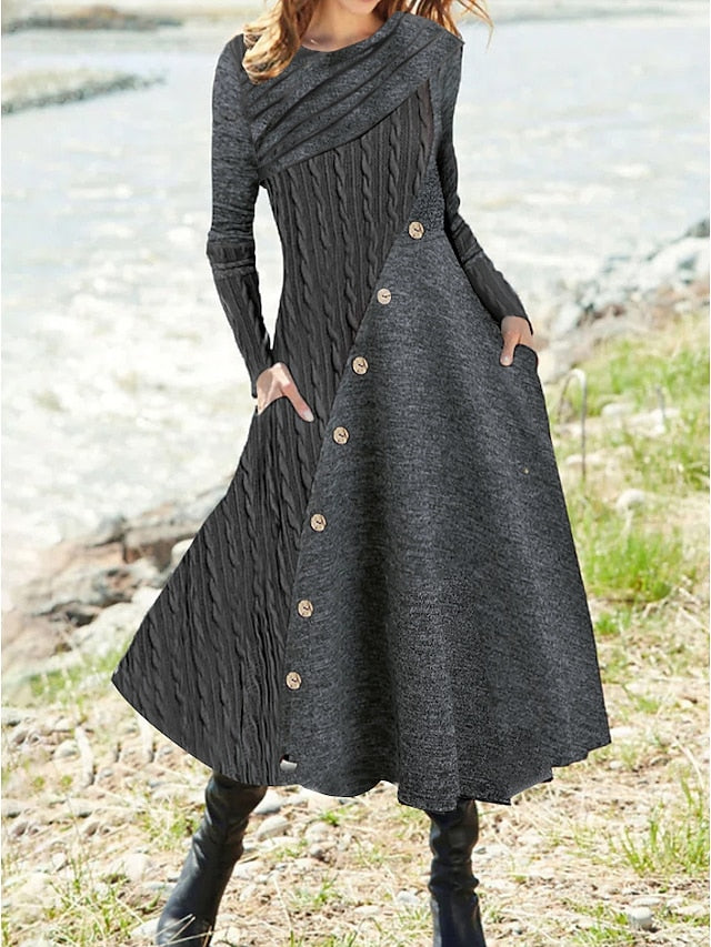 Women's Dress - Sweater Dress Winter Dress Knit Dress Midi Dress Gray Long Sleeve Pure Color Ruched Winter Fall Autumn Crew Neck Stylish Winter Dress Weekend Fall Dress 2023 S M L XL XXL 3XL