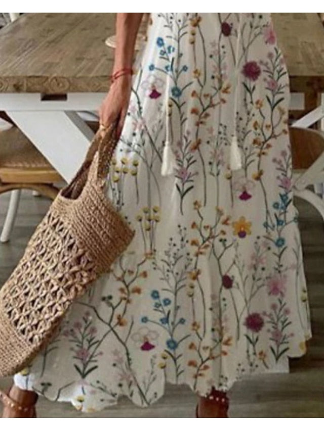 Women's Dress - Casual Dress Long Dress Maxi Dress White Short Sleeve Floral Ruched Summer Spring V Neck Stylish 2023 S M L XL 2XL 3XL