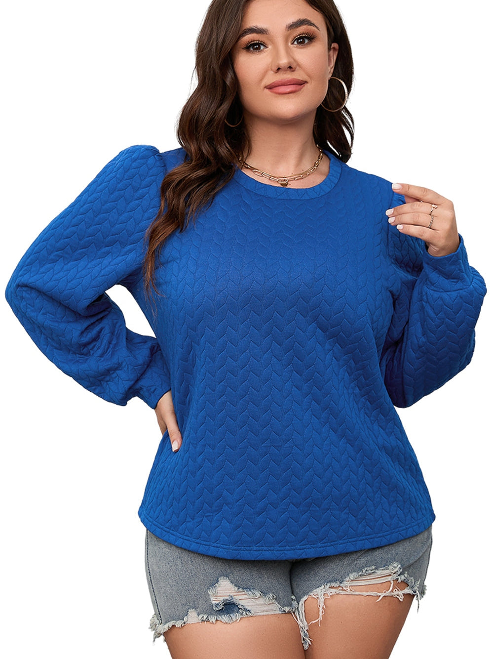 Dark Blue Cable Pattern Puff Sleeve Plus Size Top