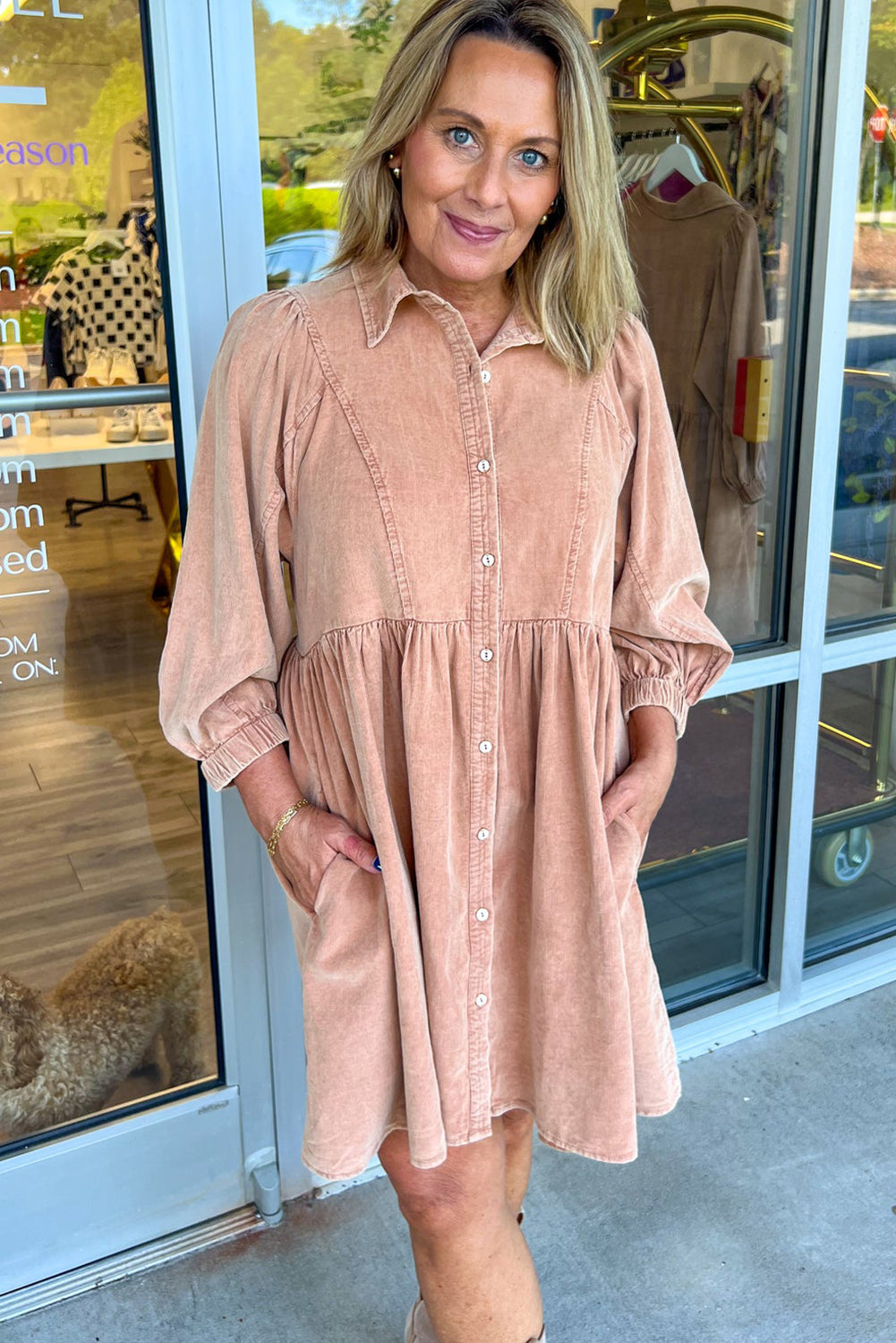 Smoke Gray Elastic Cuffs 3/4 Sleeve Button Down Casual Mini Dress