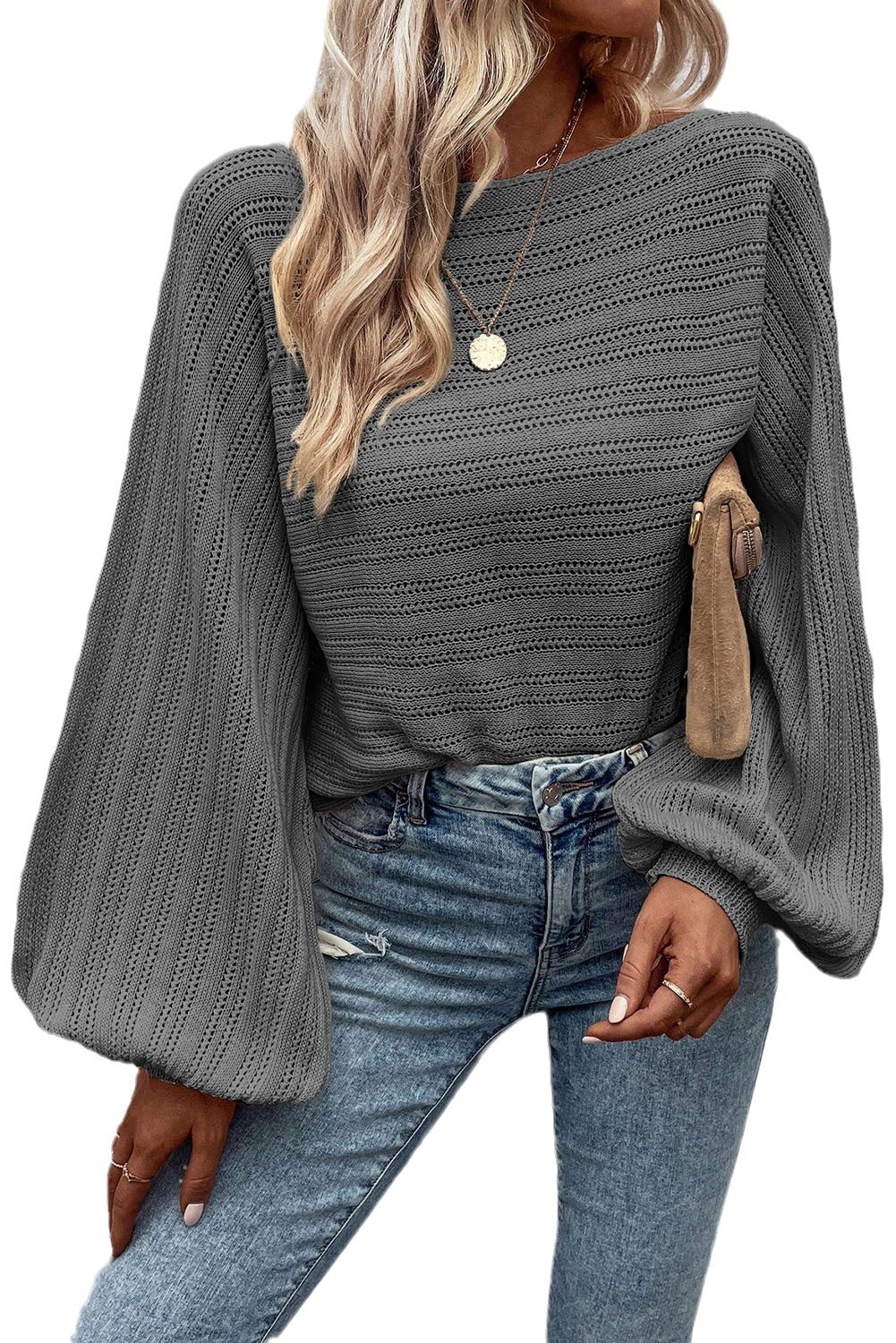 Elegant Dark Grey Eyelet Textured Knit Sweater with Lantern Sleeves