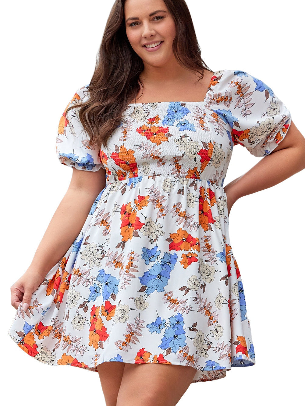 White Floral Smocked Flared Plus Size Dress