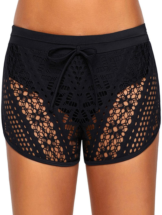 Lace Overlay Black Swim Trunk with Hollow Out Design