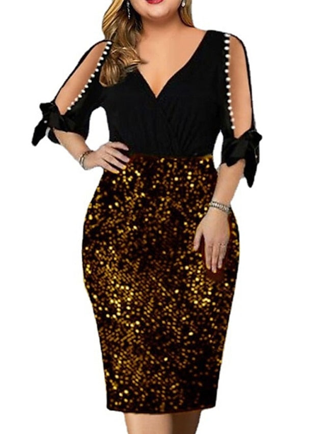 Women's Dress - Plus Size Party Dress Solid Color V Neck Sequins Half Sleeve Spring Fall Stylish Sequins Prom Dress Midi Dress Party Club Dress / Sheath Dress / Sequin Dress