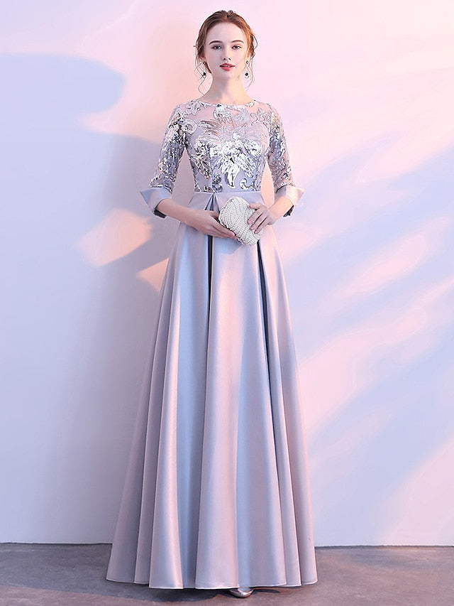 Women's Dress - Party Dress Sequin Dress Swing Dress Maxi long Dress Silver Champagne Dark Blue 3/4 Length Sleeve Color Block Sequins Winter Fall Spring Crew Neck Fashion Party Evening Party Wedding Guest