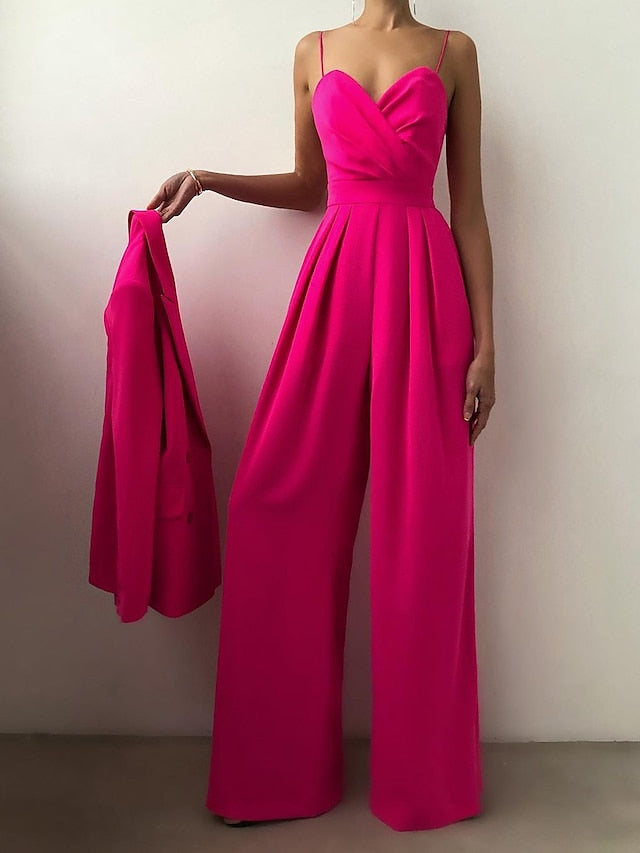 Women's Summer V Neck Spaghetti Straps Elegant Wedding Party Jumpsuit High Waist Wide Leg Pleated Long Pants Casual Rompers with Pockets - LuckyFash™