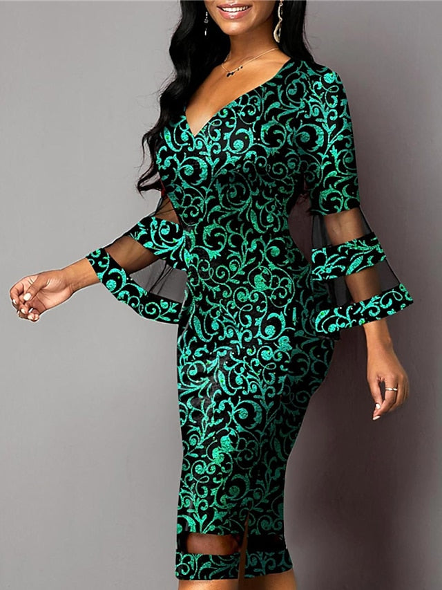 Women's Dress - Party Dress Bodycon Sheath Dress Midi Dress Red Green 3/4 Length Sleeve Floral Mesh Summer Spring V Neck Fashion Party Vacation 2023 S M L XL XXL