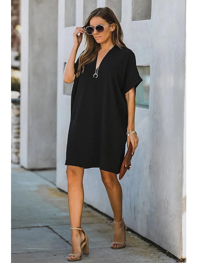 Women's Dress - Casual Dress Midi Dress Black White Yellow Short Sleeve Pure Color Summer Spring V Neck Hot  S M L XL XXL