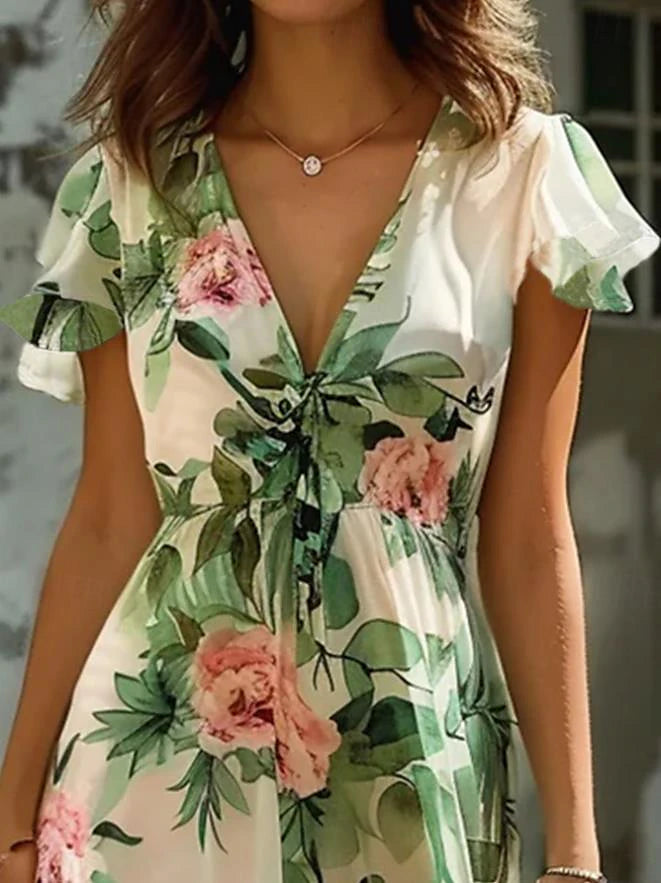 Women's Chiffon A Line Dress Floral Tie Front Ruffle V Neck Flounce Sleeve Midi Dress Elegant Wedding Vacation Sleeveless Summer