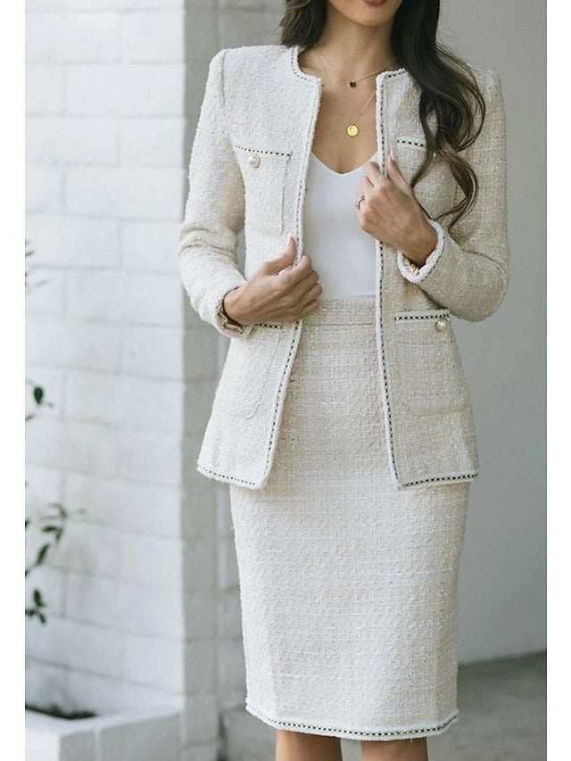 Women's Dress - Dress Set Two Piece Dress Sheath Dress Midi Dress White Long Sleeve Pure Color Button Spring Fall Crew Neck Stylish Office Wedding Guest 2023 S M L XL XXL 3XL