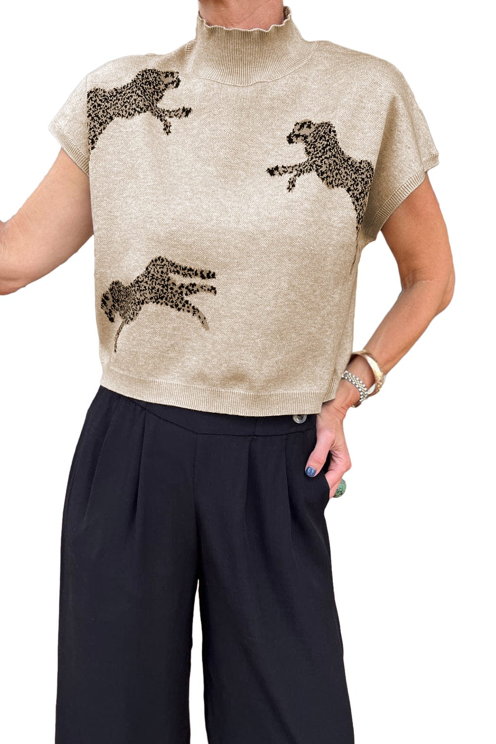 Apricot Cheetah Print High Neck Short Sleeve Sweater - Southern Belle Style