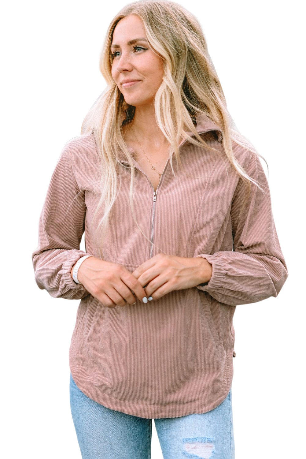 Apricot Corduroy Half Zip Kangaroo Pocket Sweatshirt